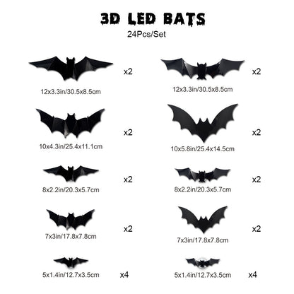 Halloween LED Bat Wall Stickers - 3D Night Light Decorations Set
