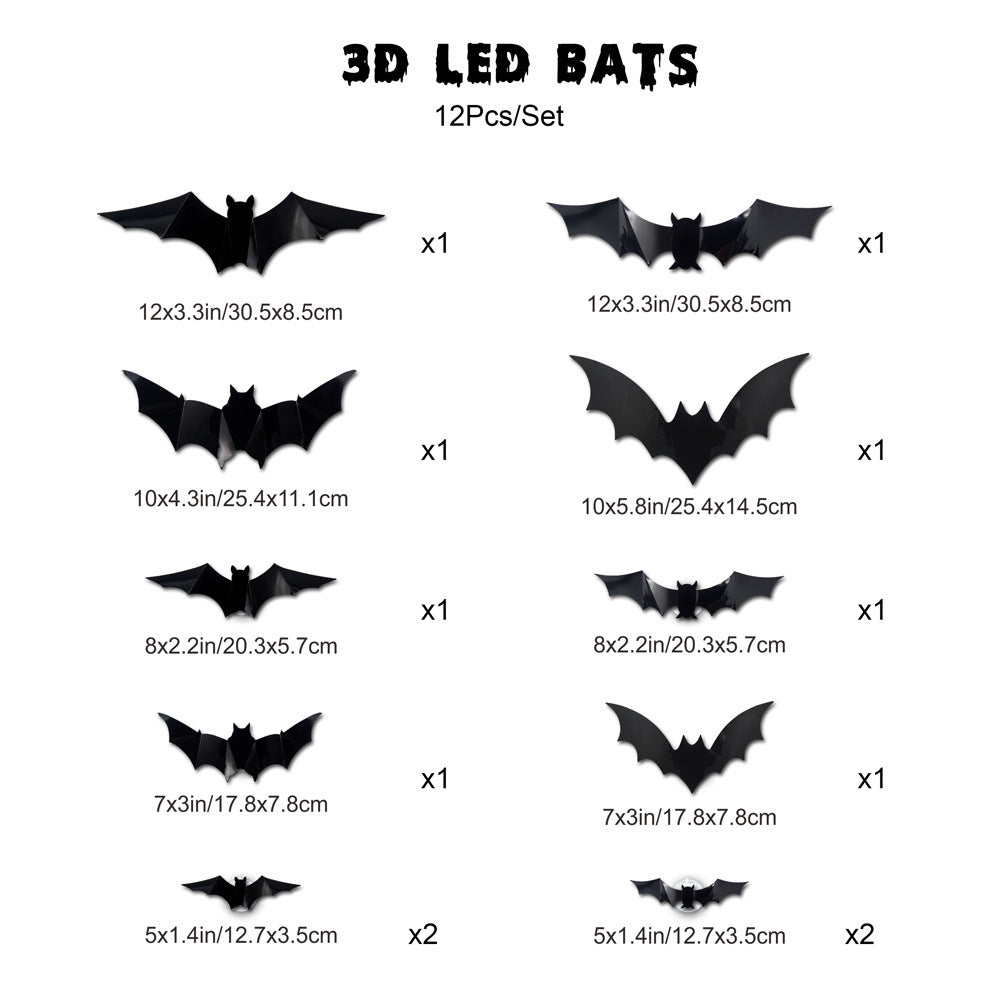 Halloween LED Bat Wall Stickers - 3D Night Light Decorations Set