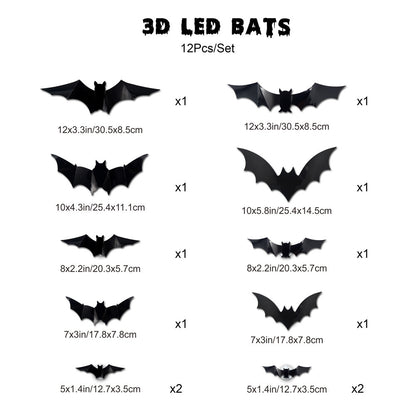 Halloween LED Bat Wall Stickers - 3D Night Light Decorations Set