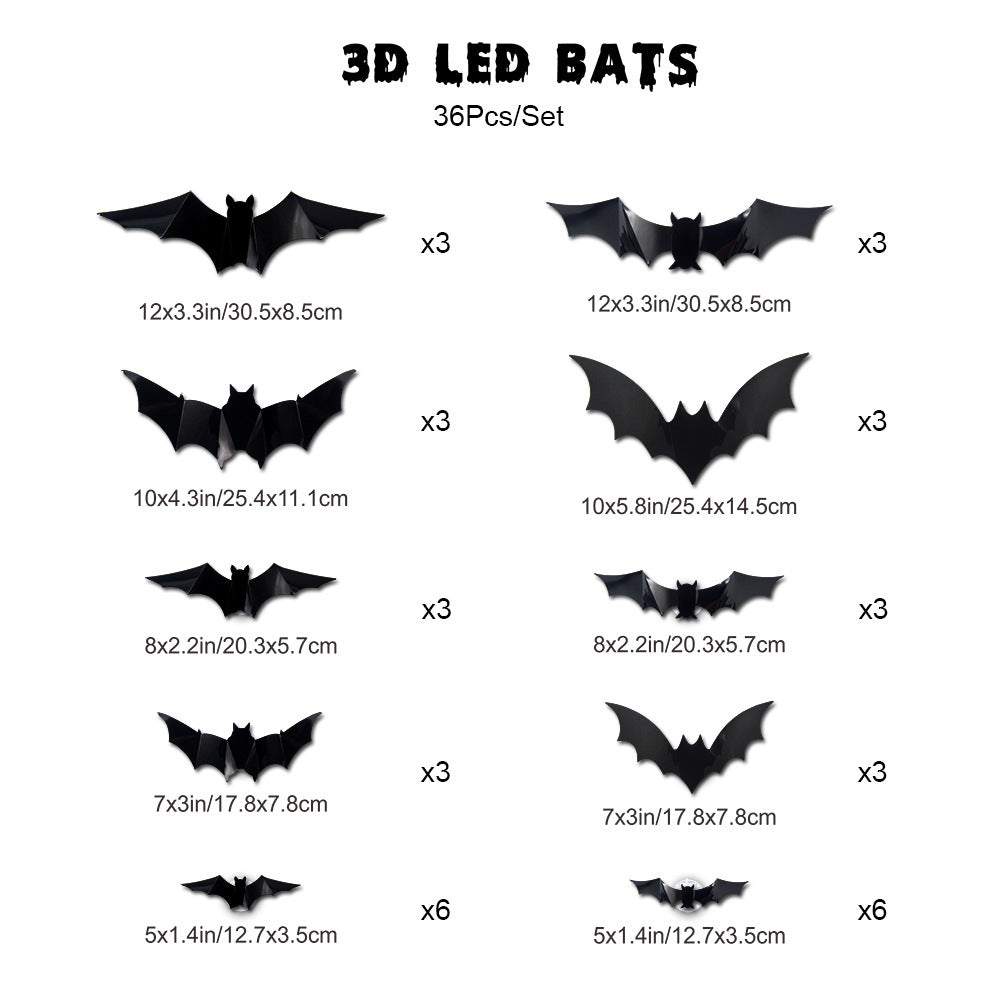 Halloween LED Bat Wall Stickers - 3D Night Light Decorations Set