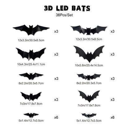 Halloween LED Bat Wall Stickers - 3D Night Light Decorations Set